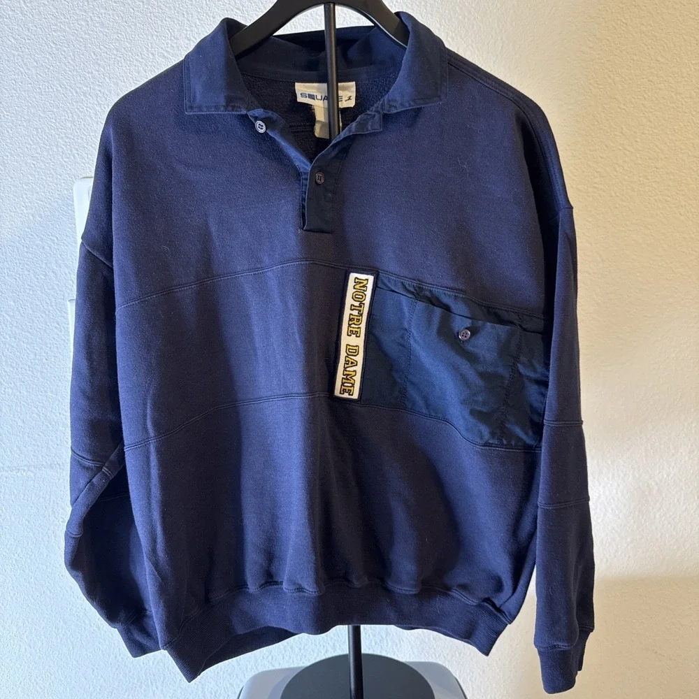VTG 80s Notre Dame Fighting Irish Henley Sweater Mens Blue Size L